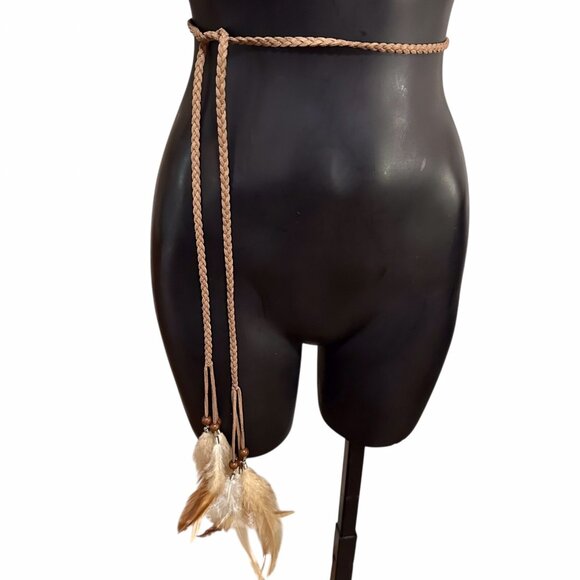 Vintage Leather Feather Braided Belt Light Brown Adjustable Women’s Boho - Picture 1 of 6